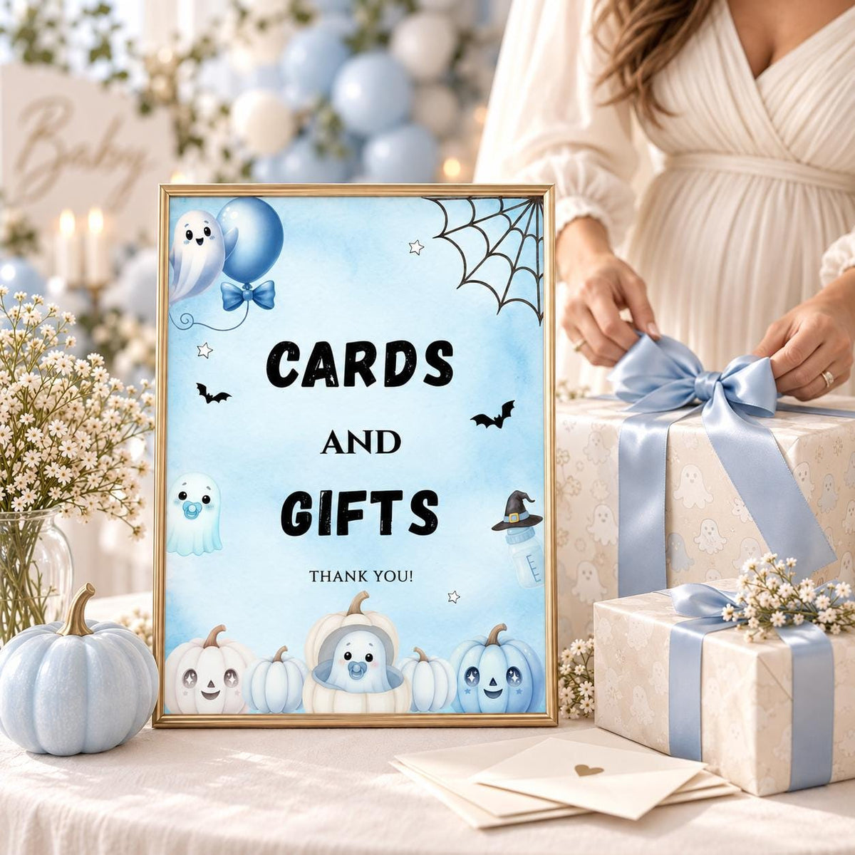 Little Boo Baby Shower Cards & Gifts Sign, Blue Ghost Baby Shower Sign, Halloween Gift Table Decor, Editable Template