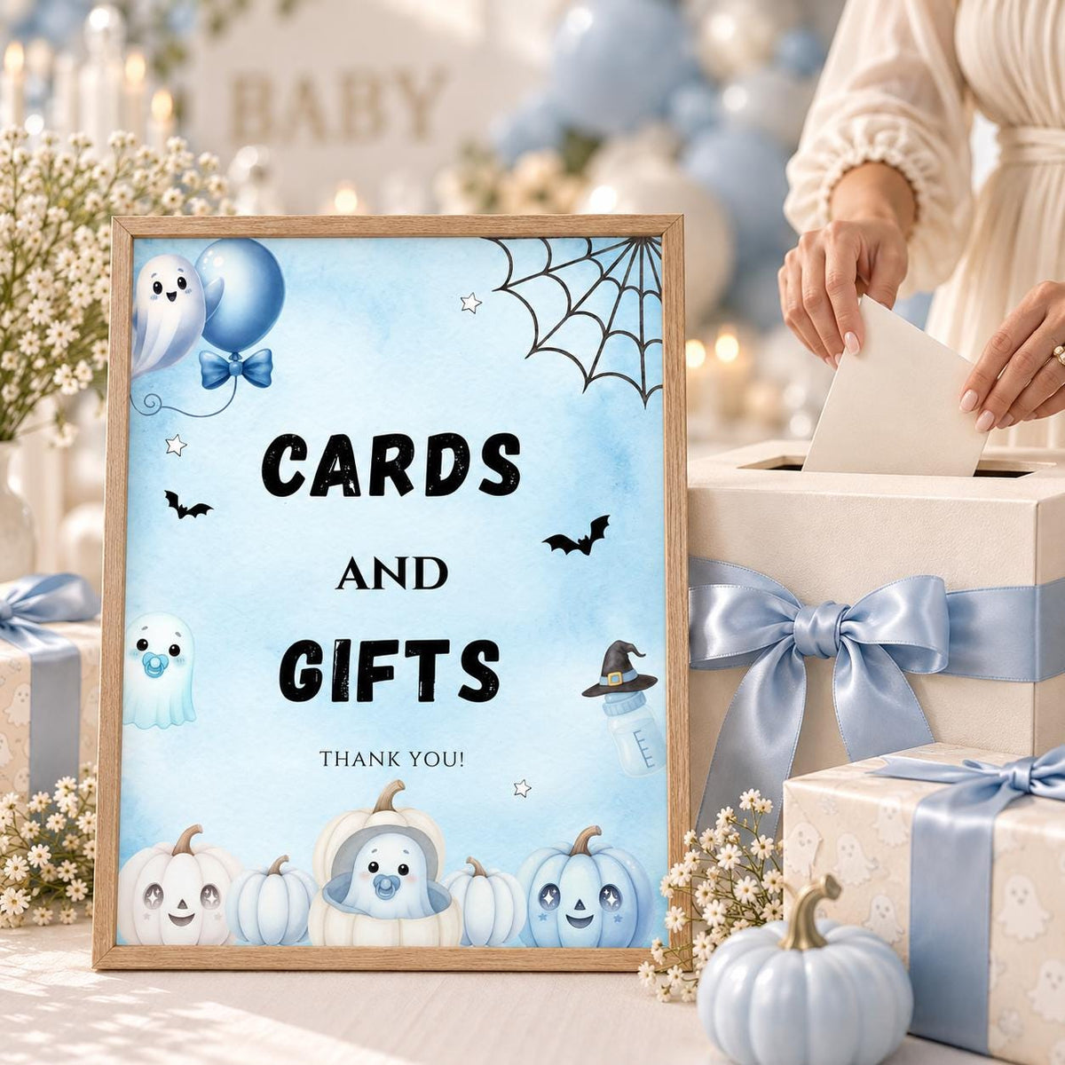 Little Boo Baby Shower Cards & Gifts Sign, Blue Ghost Baby Shower Sign, Halloween Gift Table Decor, Editable Template