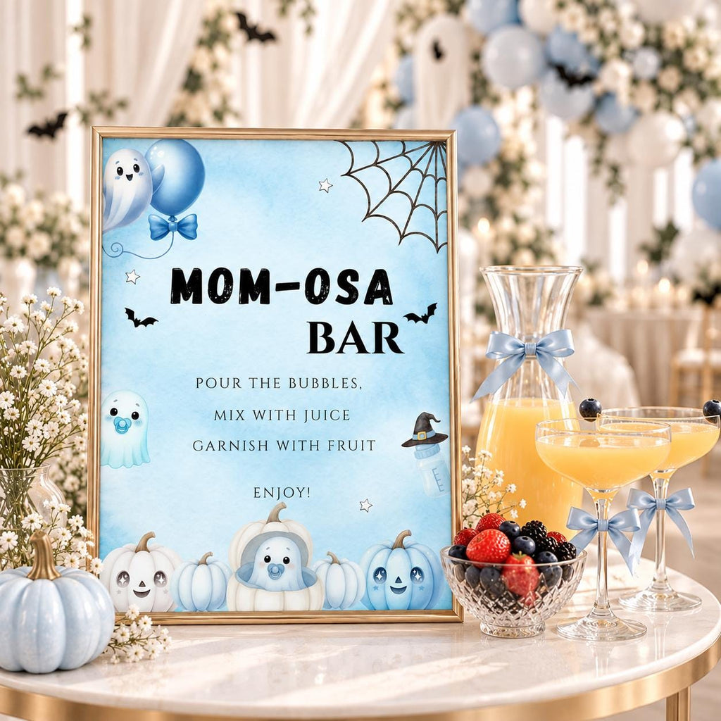 Little Boo Baby Shower Momosa Bar Sign, Blue Ghost Baby Shower Decor, Halloween Mimosa Station Sign, Editable Template