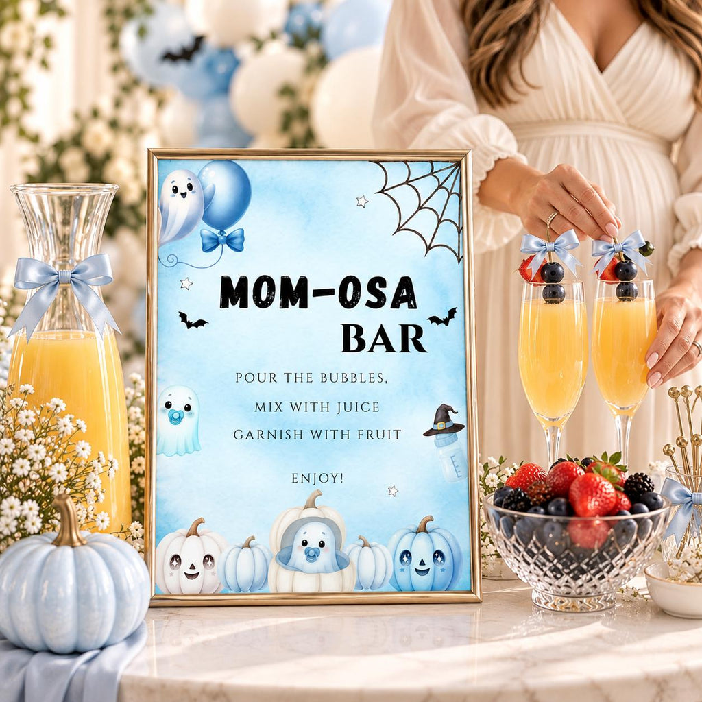 Little Boo Baby Shower Momosa Bar Sign, Blue Ghost Baby Shower Decor, Halloween Mimosa Station Sign, Editable Template