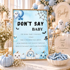 Little Boo Baby Shower Don't Say Baby Sign, Blue Ghost Baby Shower Game, Halloween Clothespin Party Game, Editable Template