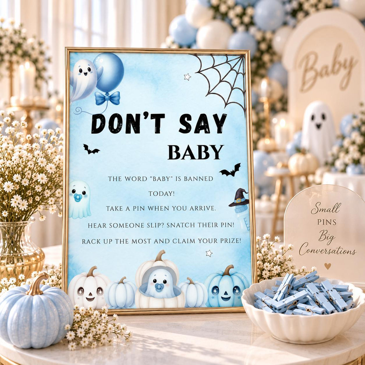 Little Boo Baby Shower Don't Say Baby Sign, Blue Ghost Baby Shower Game, Halloween Clothespin Party Game, Editable Template