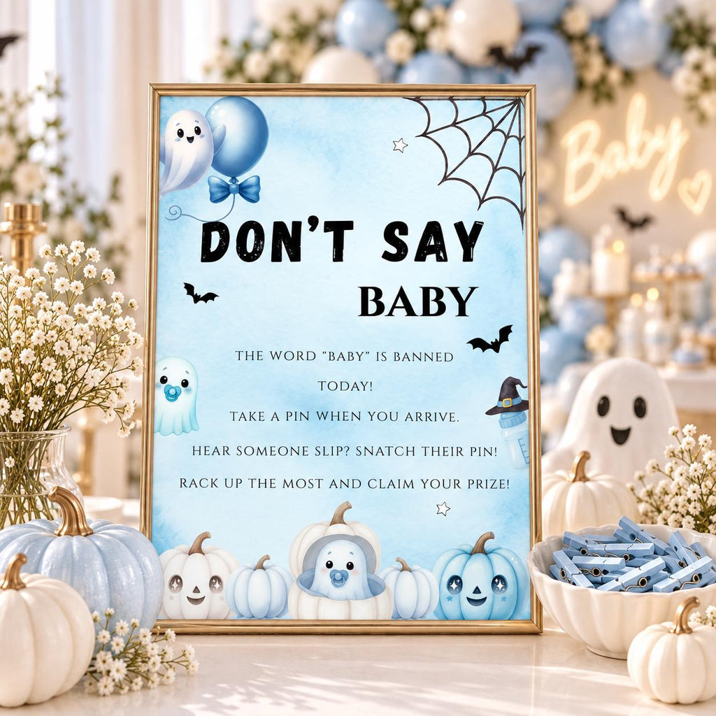 Little Boo Baby Shower Don't Say Baby Sign, Blue Ghost Baby Shower Game, Halloween Clothespin Party Game, Editable Template