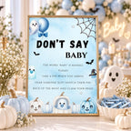 Little Boo Baby Shower Don't Say Baby Sign, Blue Ghost Baby Shower Game, Halloween Clothespin Party Game, Editable Template