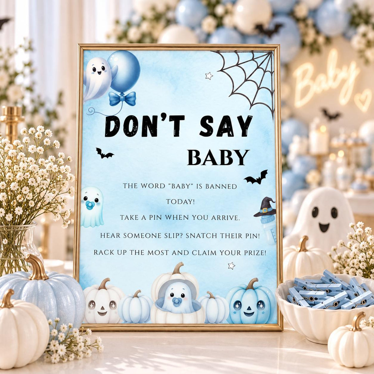 Little Boo Baby Shower Don't Say Baby Sign, Blue Ghost Baby Shower Game, Halloween Clothespin Party Game, Editable Template