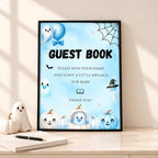 Little Boo Baby Shower Guest Book Sign, Blue Halloween Baby Shower Decor, Editable Ghost Guestbook Table Sign, Digital Download