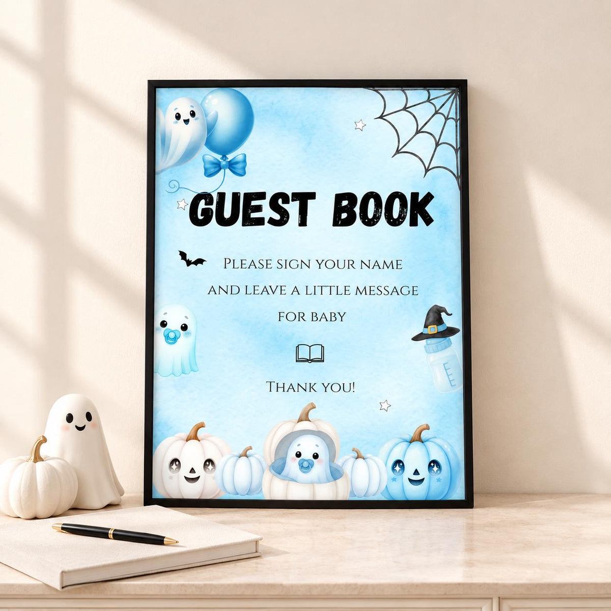 Little Boo Baby Shower Guest Book Sign, Blue Halloween Baby Shower Decor, Editable Ghost Guestbook Table Sign, Digital Download