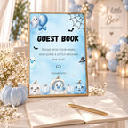 Little Boo Baby Shower Guest Book Sign, Blue Halloween Baby Shower Decor, Editable Ghost Guestbook Table Sign, Digital Download