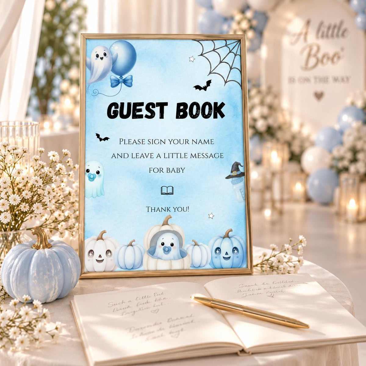 Little Boo Baby Shower Guest Book Sign, Blue Halloween Baby Shower Decor, Editable Ghost Guestbook Table Sign, Digital Download