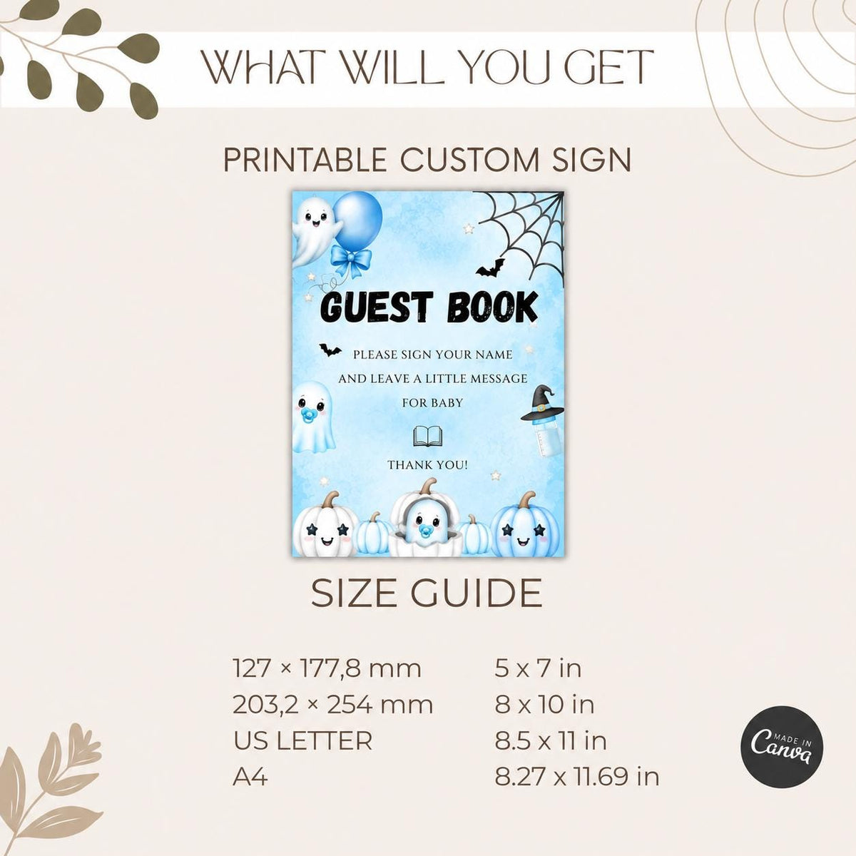 Little Boo Baby Shower Guest Book Sign, Blue Halloween Baby Shower Decor, Editable Ghost Guestbook Table Sign, Digital Download