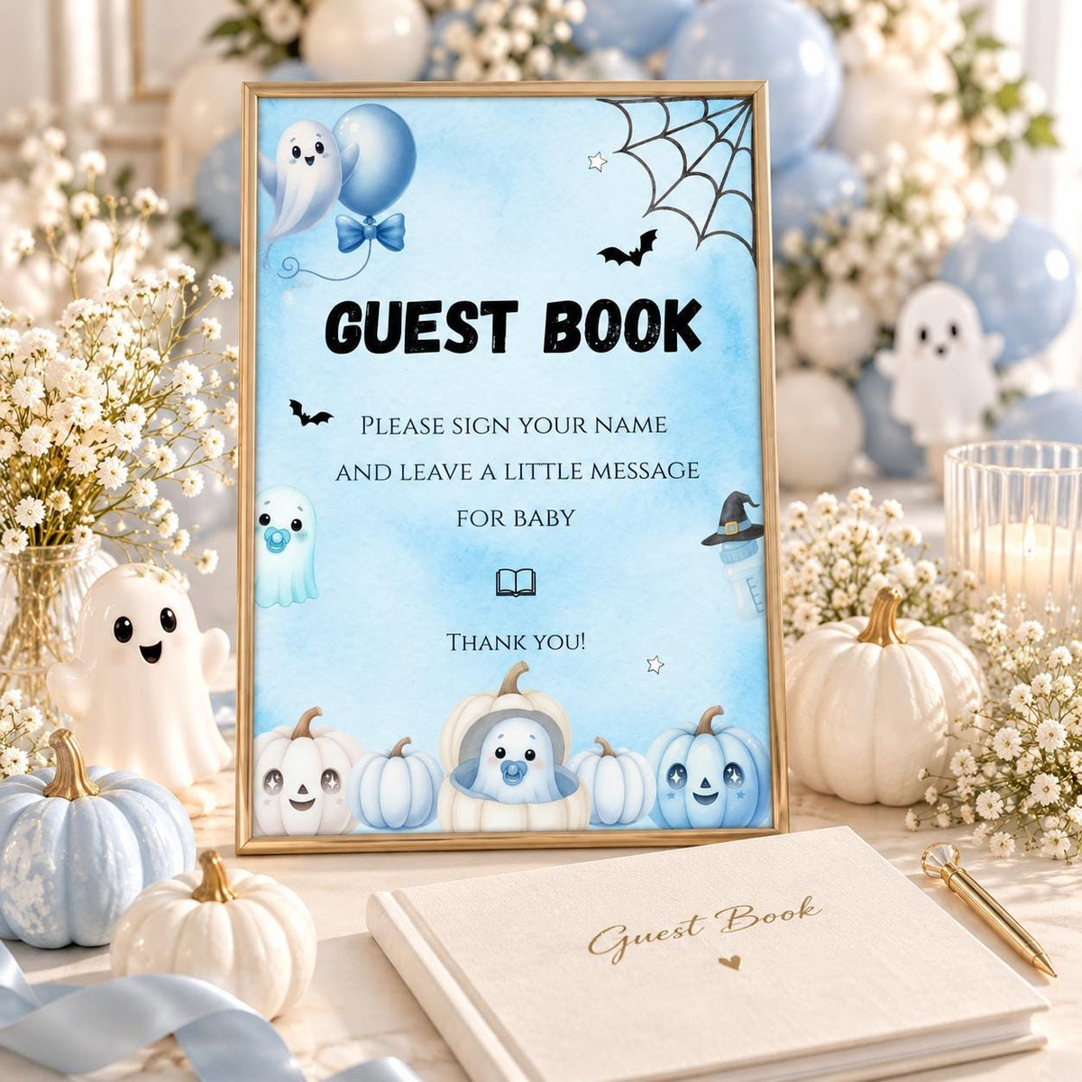 Little Boo Baby Shower Guest Book Sign, Blue Halloween Baby Shower Decor, Editable Ghost Guestbook Table Sign, Digital Download