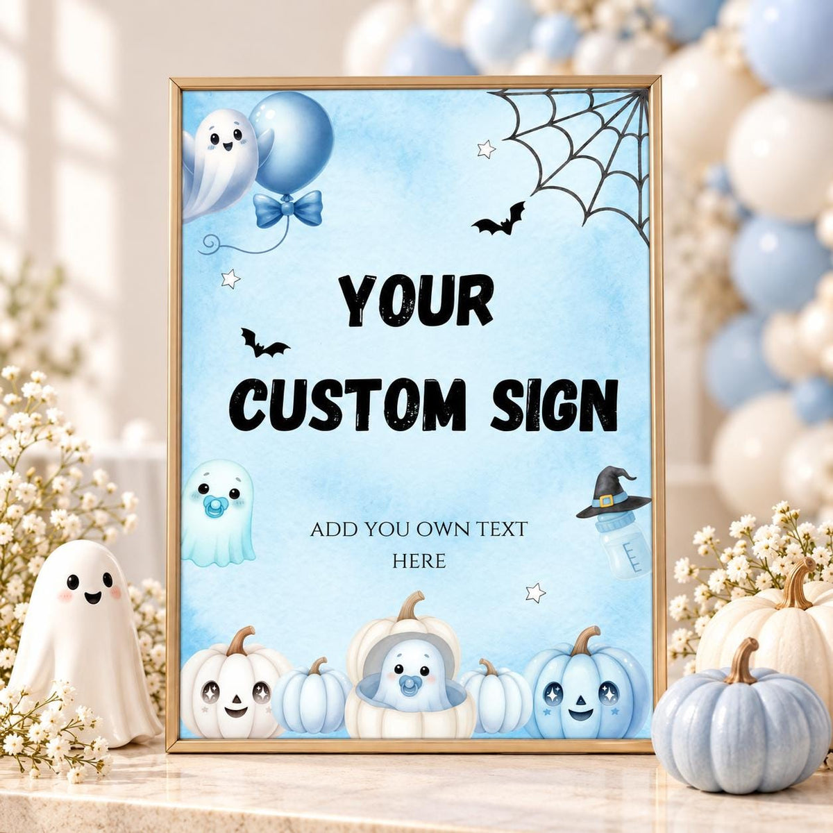 Little Boo Baby Custom Sign, Blue Halloween Baby Shower Decor, Editable Personalized Ghost Party Sign, Printable Template