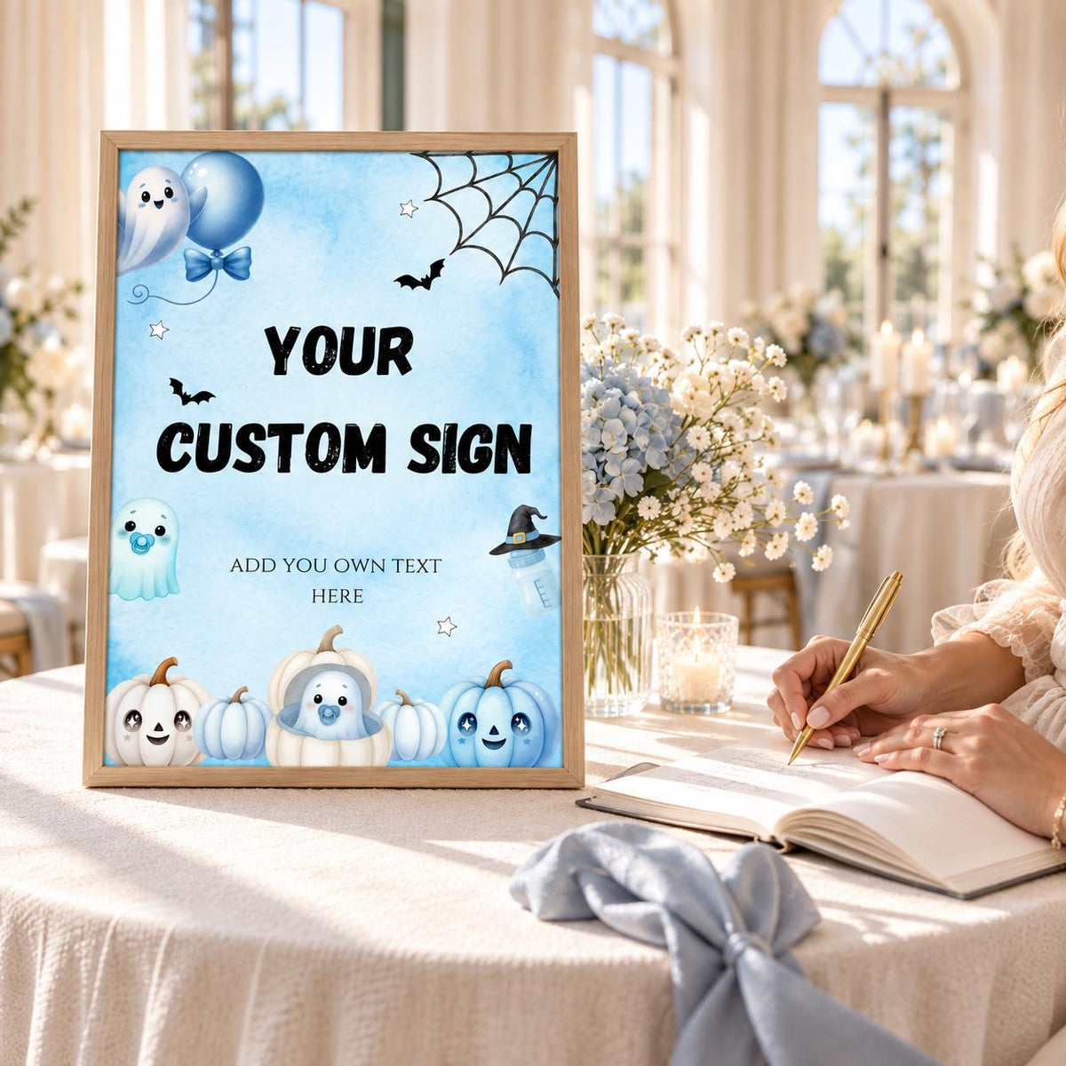 Little Boo Baby Custom Sign, Blue Halloween Baby Shower Decor, Editable Personalized Ghost Party Sign, Printable Template