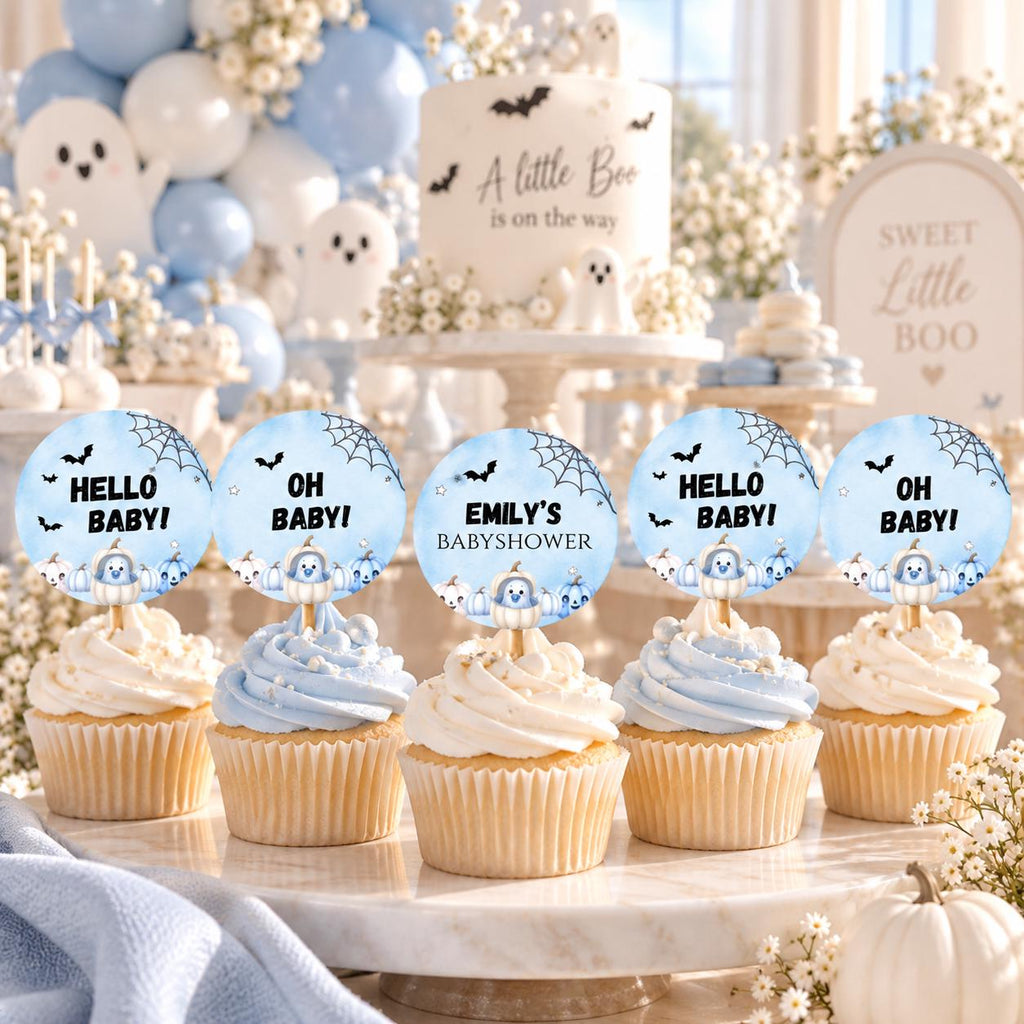 Little Boo Baby Cupcake Toppers, Editable Blue Halloween Baby Shower Cupcake Decor, Personalized Ghost Pumpkin Toppers, 2x2