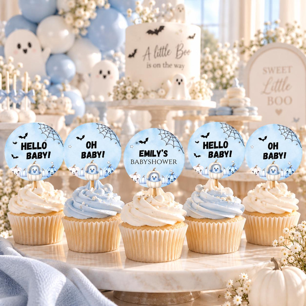 Little Boo Baby Cupcake Toppers, Editable Blue Halloween Baby Shower Cupcake Decor, Personalized Ghost Pumpkin Toppers, 2x2