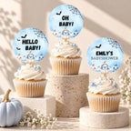Little Boo Baby Cupcake Toppers, Editable Blue Halloween Baby Shower Cupcake Decor, Personalized Ghost Pumpkin Toppers, 2x2