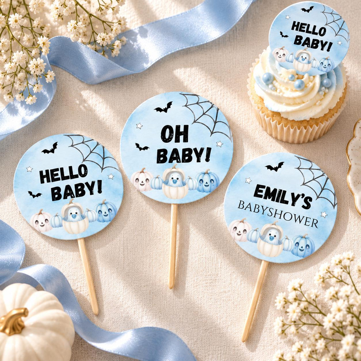Little Boo Baby Cupcake Toppers, Editable Blue Halloween Baby Shower Cupcake Decor, Personalized Ghost Pumpkin Toppers, 2x2