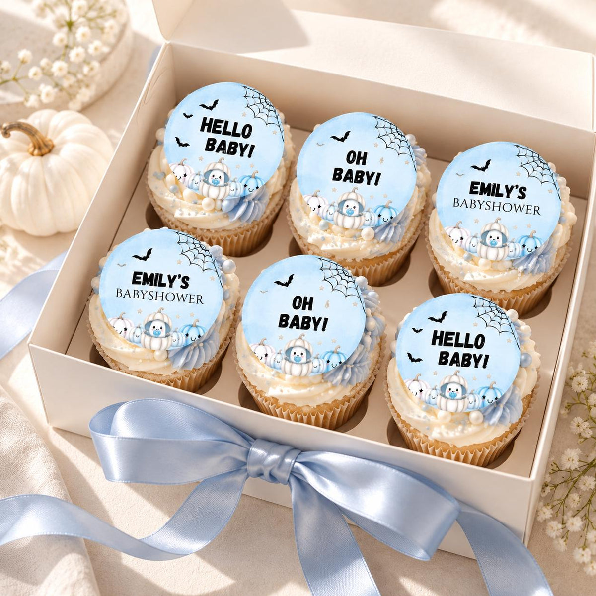 Little Boo Baby Cupcake Toppers, Editable Blue Halloween Baby Shower Cupcake Decor, Personalized Ghost Pumpkin Toppers, 2x2