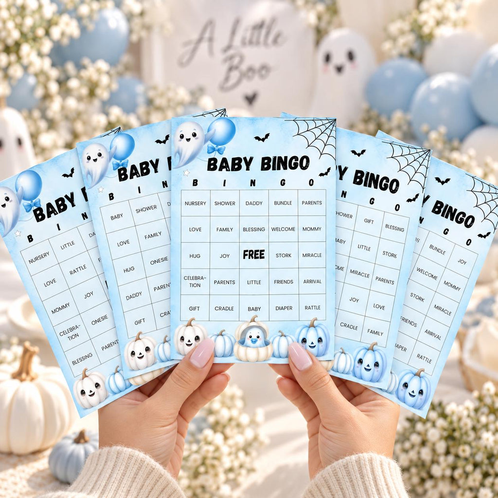 60 Little Boo Baby Shower Bingo Cards, Blue Halloween Baby Shower Game, Editable Ghost Bingo Card, Printable Party Activity