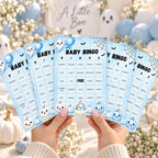 60 Little Boo Baby Shower Bingo Cards, Blue Halloween Baby Shower Game, Editable Ghost Bingo Card, Printable Party Activity