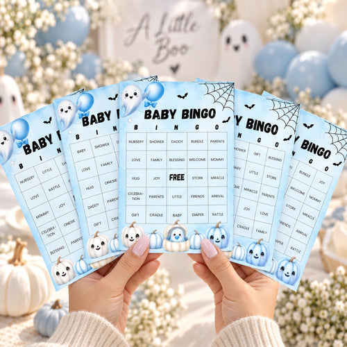 60 Little Boo Baby Shower Bingo Cards, Blue Halloween Baby Shower Game, Editable Ghost Bingo Card, Printable Party Activity