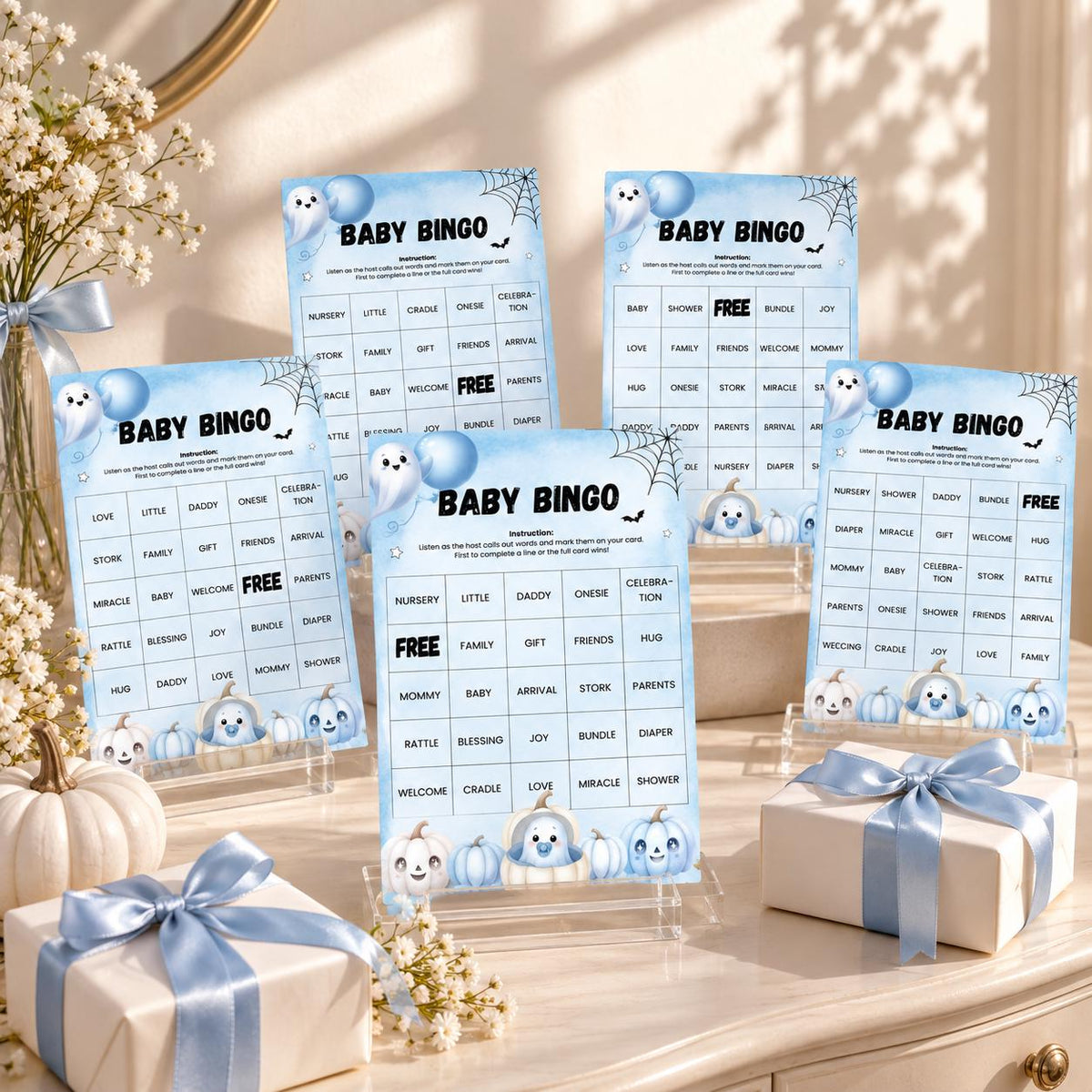 60 Little Boo Baby Shower Bingo Cards, Blue Halloween Baby Shower Game, Editable Ghost Bingo Card, Printable Party Activity