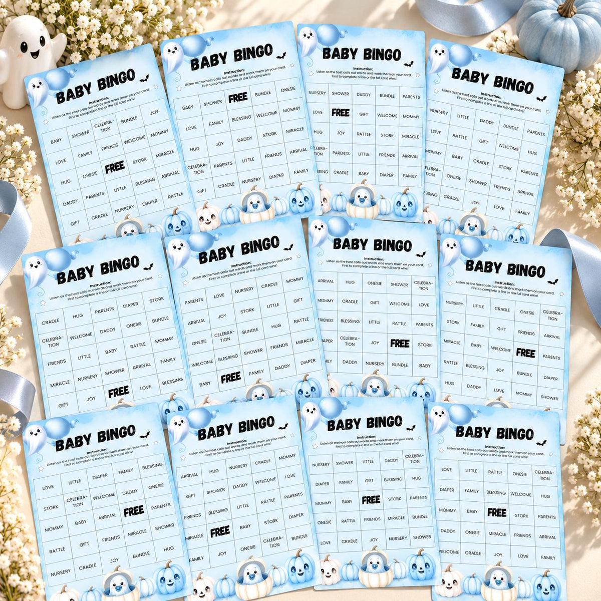 60 Little Boo Baby Shower Bingo Cards, Blue Halloween Baby Shower Game, Editable Ghost Bingo Card, Printable Party Activity
