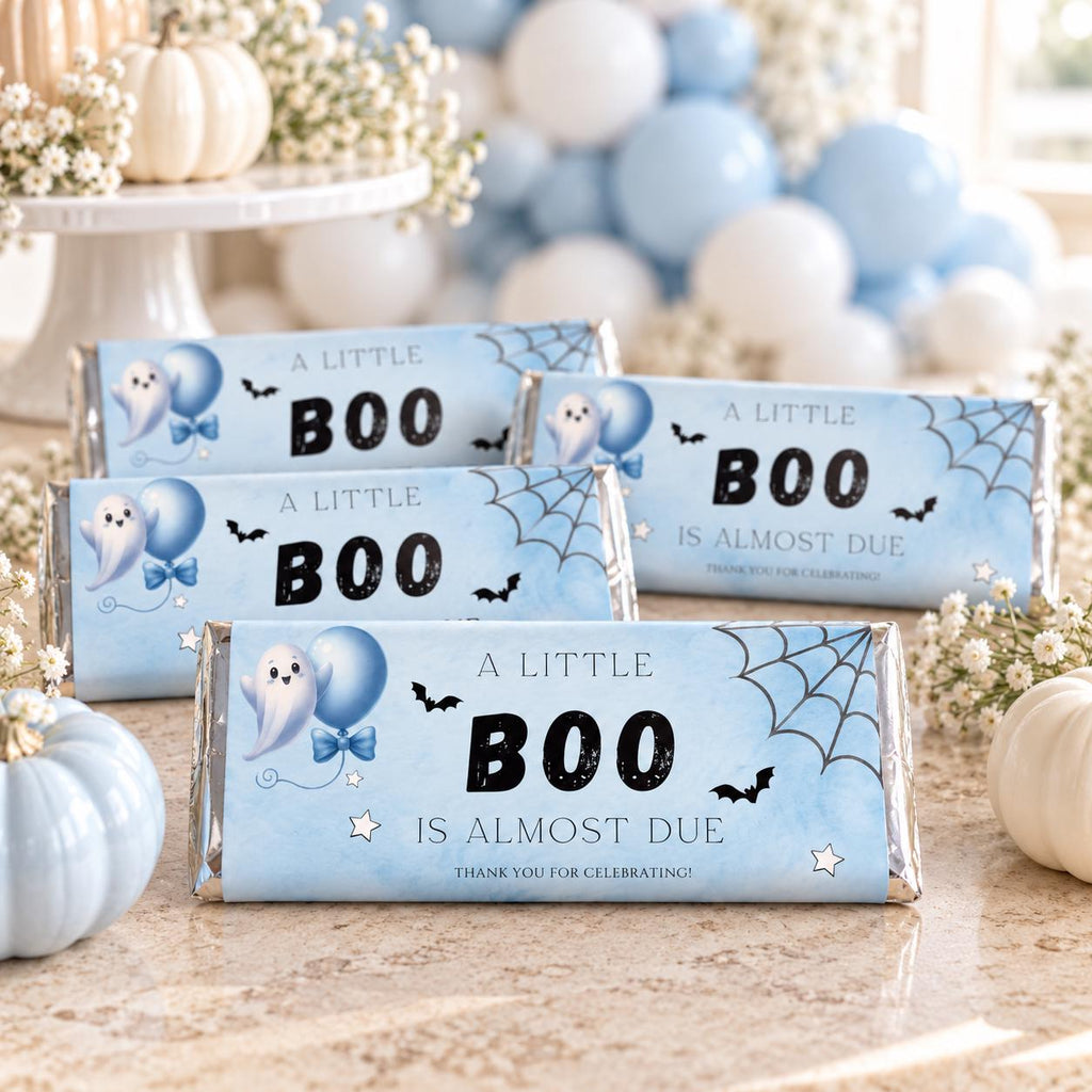 Little Boo Baby Shower Chocolate Wrappers, Editable Blue Ghost Candy Wrapper, Halloween Baby Shower Favors, 1.55 oz Printable