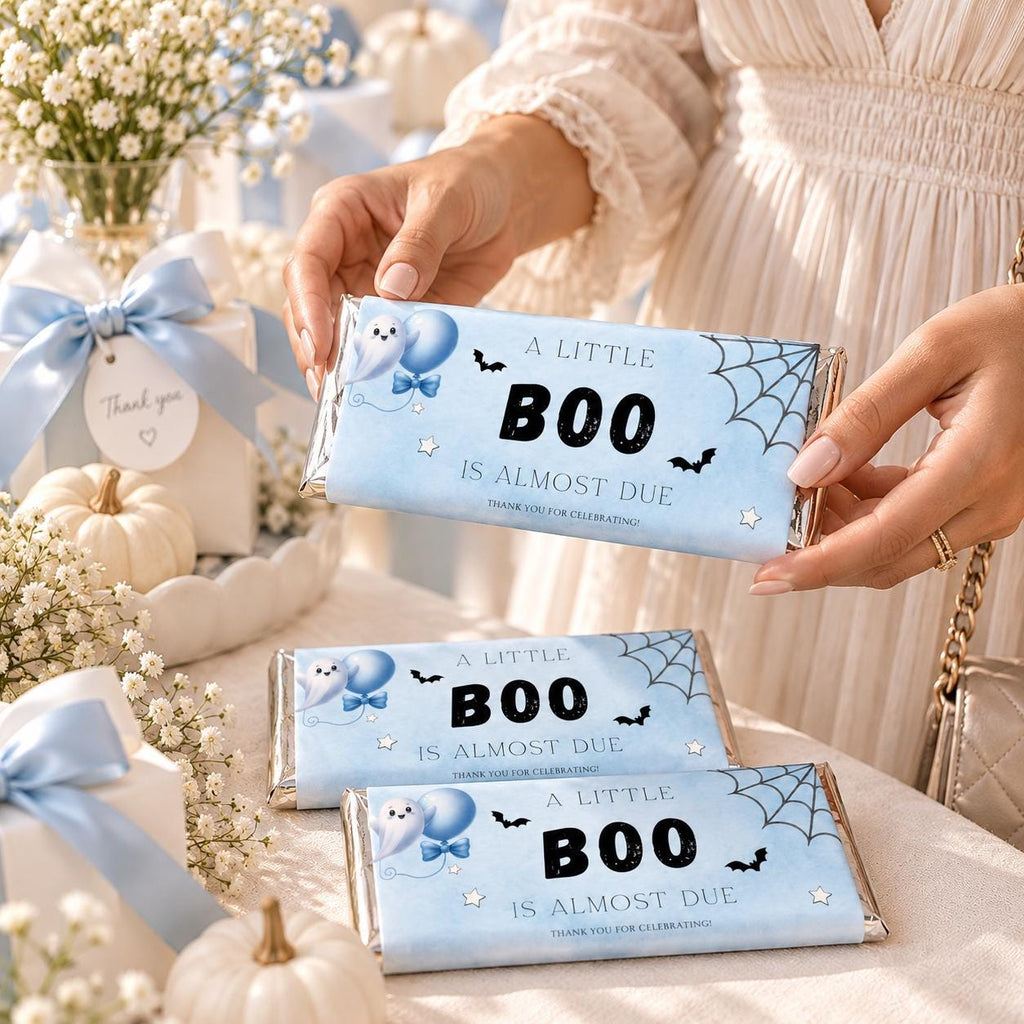 Little Boo Baby Shower Chocolate Wrappers, Editable Blue Ghost Candy Wrapper, Halloween Baby Shower Favors, 1.55 oz Printable