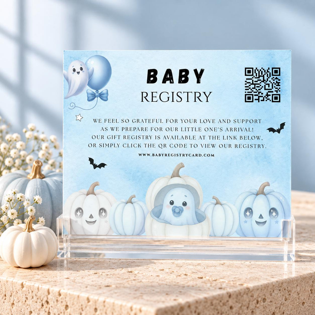 Little Boo Baby Shower Registry Card, Blue Halloween Baby Shower Insert, Editable Gift Registry QR Code Card, Printable 3.5x5