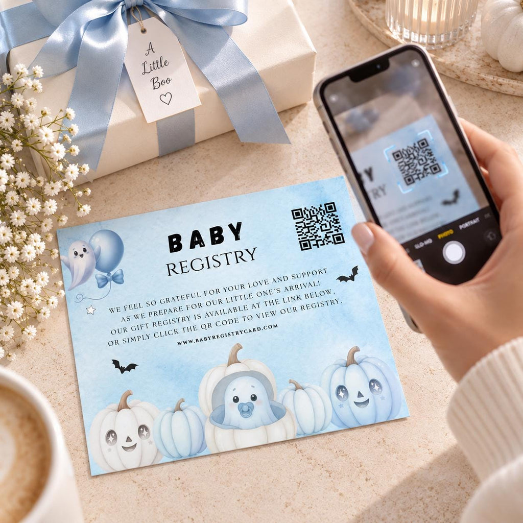 Little Boo Baby Shower Registry Card, Blue Halloween Baby Shower Insert, Editable Gift Registry QR Code Card, Printable 3.5x5