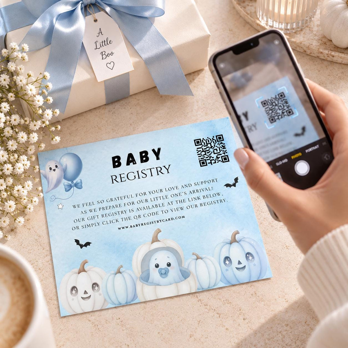Little Boo Baby Shower Registry Card, Blue Halloween Baby Shower Insert, Editable Gift Registry QR Code Card, Printable 3.5x5