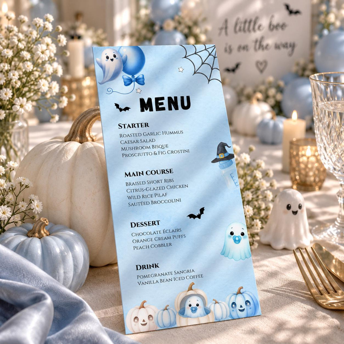 Little Boo Baby Shower Menu Card, Blue Halloween Baby Shower Menu, Editable Ghost Food Menu, 4x9 Printable Table Decor