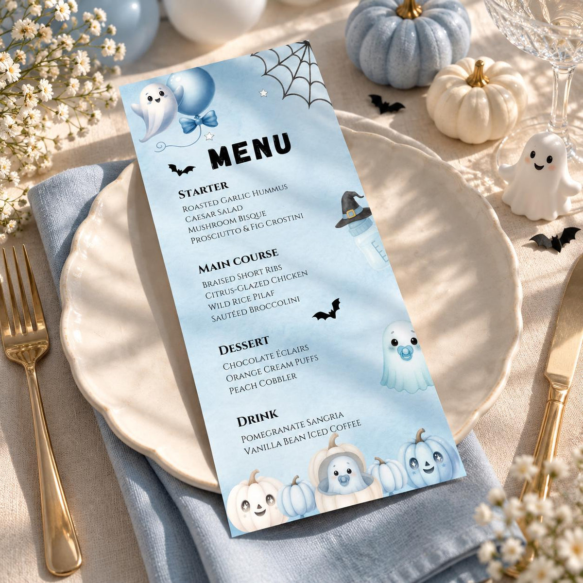 Little Boo Baby Shower Menu Card, Blue Halloween Baby Shower Menu, Editable Ghost Food Menu, 4x9 Printable Table Decor