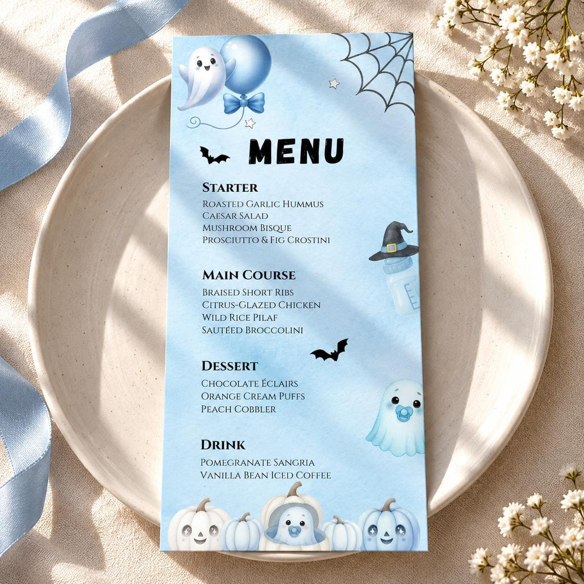 Little Boo Baby Shower Menu Card, Blue Halloween Baby Shower Menu, Editable Ghost Food Menu, 4x9 Printable Table Decor