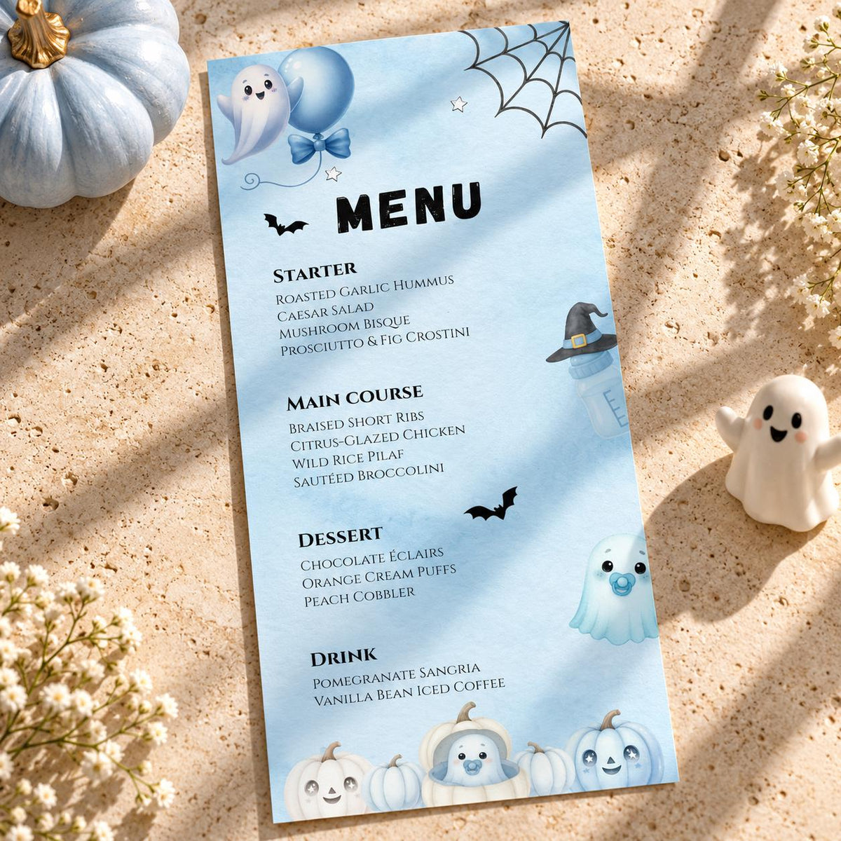 Little Boo Baby Shower Menu Card, Blue Halloween Baby Shower Menu, Editable Ghost Food Menu, 4x9 Printable Table Decor
