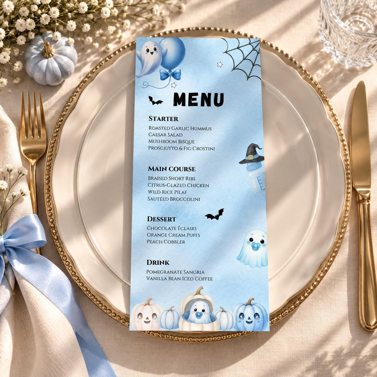 Little Boo Baby Shower Menu Card, Blue Halloween Baby Shower Menu, Editable Ghost Food Menu, 4x9 Printable Table Decor