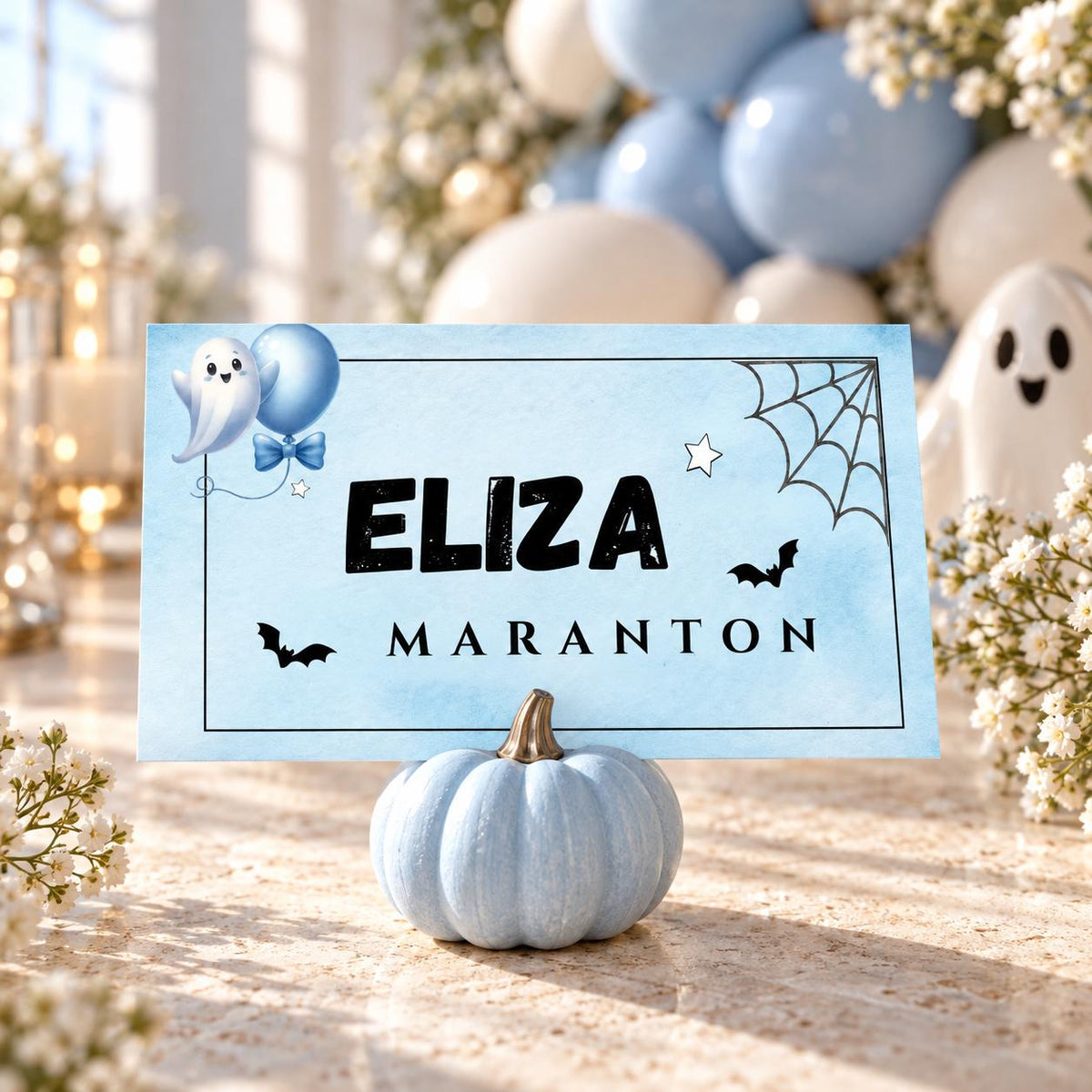 Little Boo Baby Shower Place Cards, Blue Ghost Halloween Editable Name Cards, Flat & Folded Table Cards, Digital Download