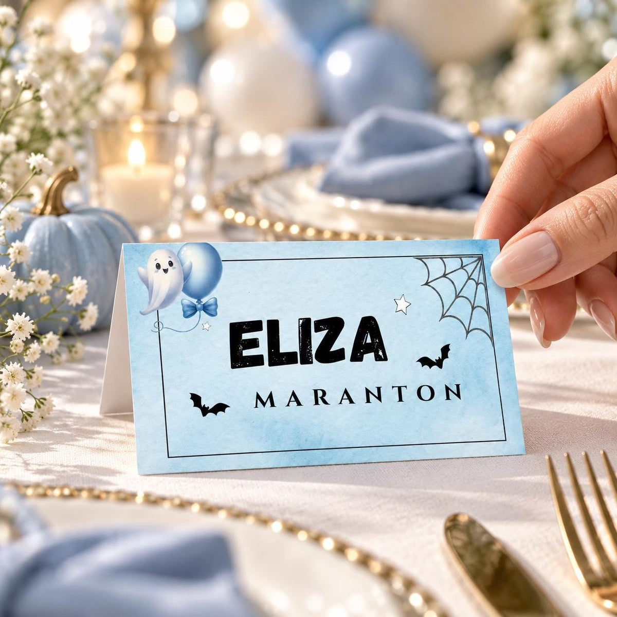 Little Boo Baby Shower Place Cards, Blue Ghost Halloween Editable Name Cards, Flat & Folded Table Cards, Digital Download