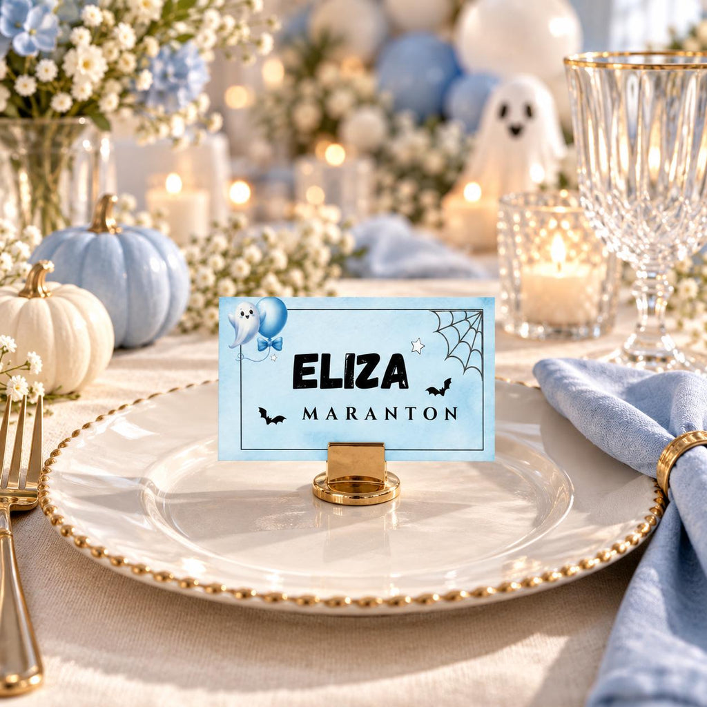 Little Boo Baby Shower Place Cards, Blue Ghost Halloween Editable Name Cards, Flat & Folded Table Cards, Digital Download
