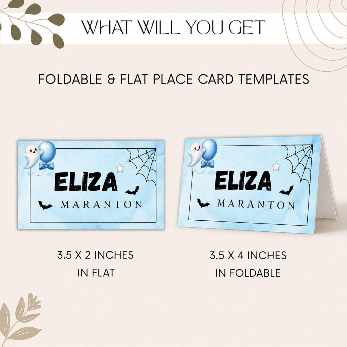 Little Boo Baby Shower Place Cards, Blue Ghost Halloween Editable Name Cards, Flat & Folded Table Cards, Digital Download