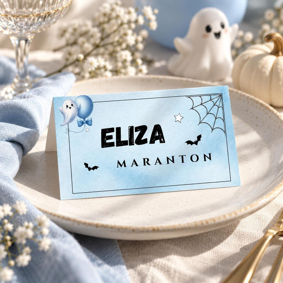 Little Boo Baby Shower Place Cards, Blue Ghost Halloween Editable Name Cards, Flat & Folded Table Cards, Digital Download