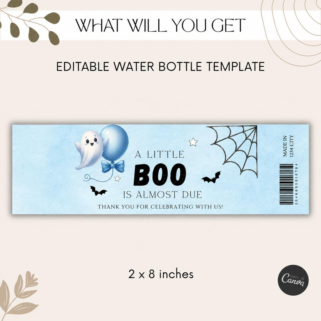 Little Boo Baby Shower Water Bottle Labels, Blue Ghost Halloween Bottle Wraps, Editable 8x2 Inch Printable Labels, Digital