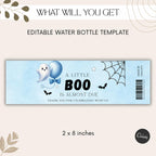 Little Boo Baby Shower Water Bottle Labels, Blue Ghost Halloween Bottle Wraps, Editable 8x2 Inch Printable Labels, Digital
