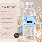 Little Boo Baby Shower Water Bottle Labels, Blue Ghost Halloween Bottle Wraps, Editable 8x2 Inch Printable Labels, Digital