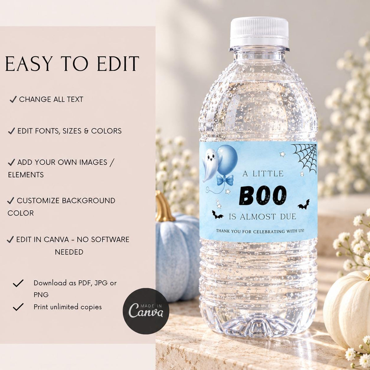 Little Boo Baby Shower Water Bottle Labels, Blue Ghost Halloween Bottle Wraps, Editable 8x2 Inch Printable Labels, Digital