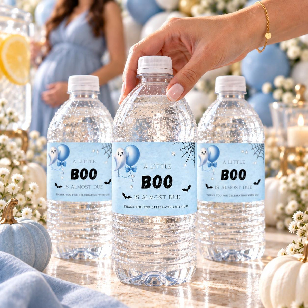 Little Boo Baby Shower Water Bottle Labels, Blue Ghost Halloween Bottle Wraps, Editable 8x2 Inch Printable Labels, Digital