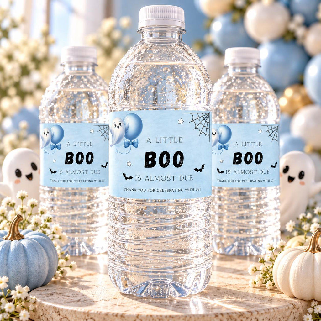 Little Boo Baby Shower Water Bottle Labels, Blue Ghost Halloween Bottle Wraps, Editable 8x2 Inch Printable Labels, Digital