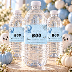 Little Boo Baby Shower Water Bottle Labels, Blue Ghost Halloween Bottle Wraps, Editable 8x2 Inch Printable Labels, Digital
