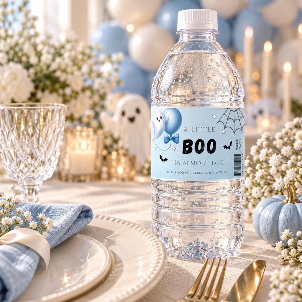 Little Boo Baby Shower Water Bottle Labels, Blue Ghost Halloween Bottle Wraps, Editable 8x2 Inch Printable Labels, Digital